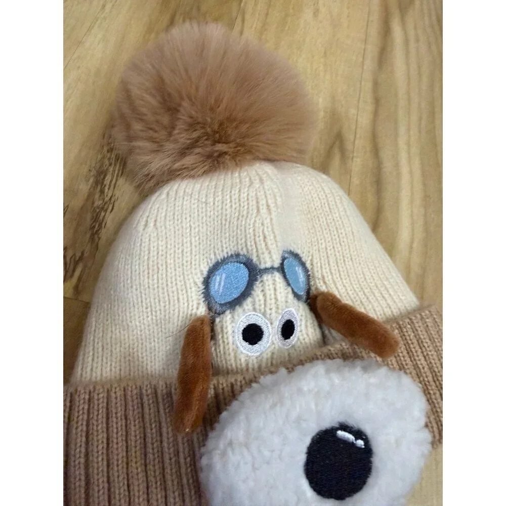 Kids Knit Winter Beanie with Dog Face & Pom Pom